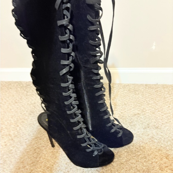 Black Heeled Boots with Lace-Up Design and High Stiletto Heel - Picture 1 of 6
